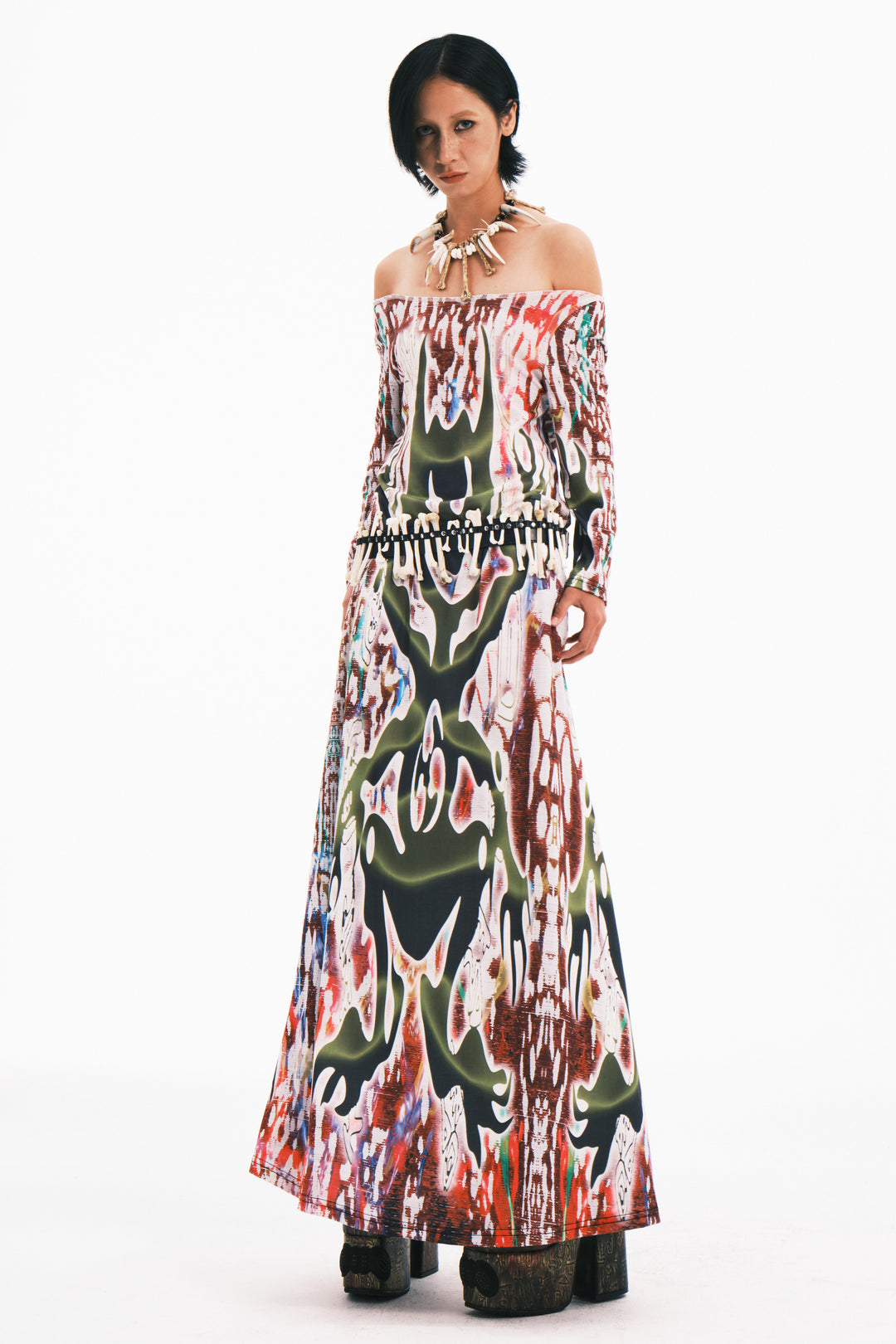 EMBRYO TRIBAL ENTITY white off-shoulder maxi dress — rear full-length modeled view