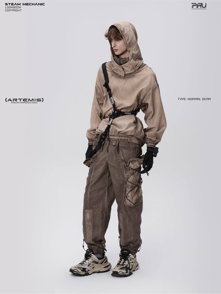 PIONEER detachable-hood mesh hoodie in mercury brown — full-length modeled three-quarter view with the hood up