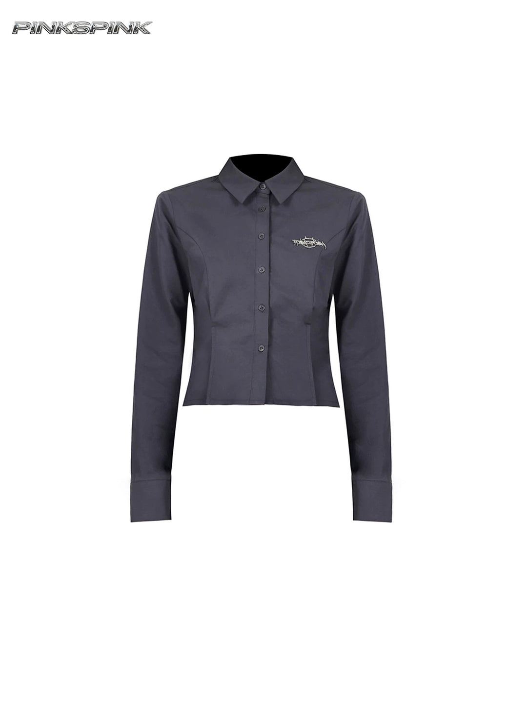 PINKSPINK ELECTRIC MOON sculpted cropped cotton shirt in gray — garment-only front view showing the collar and shaped seams