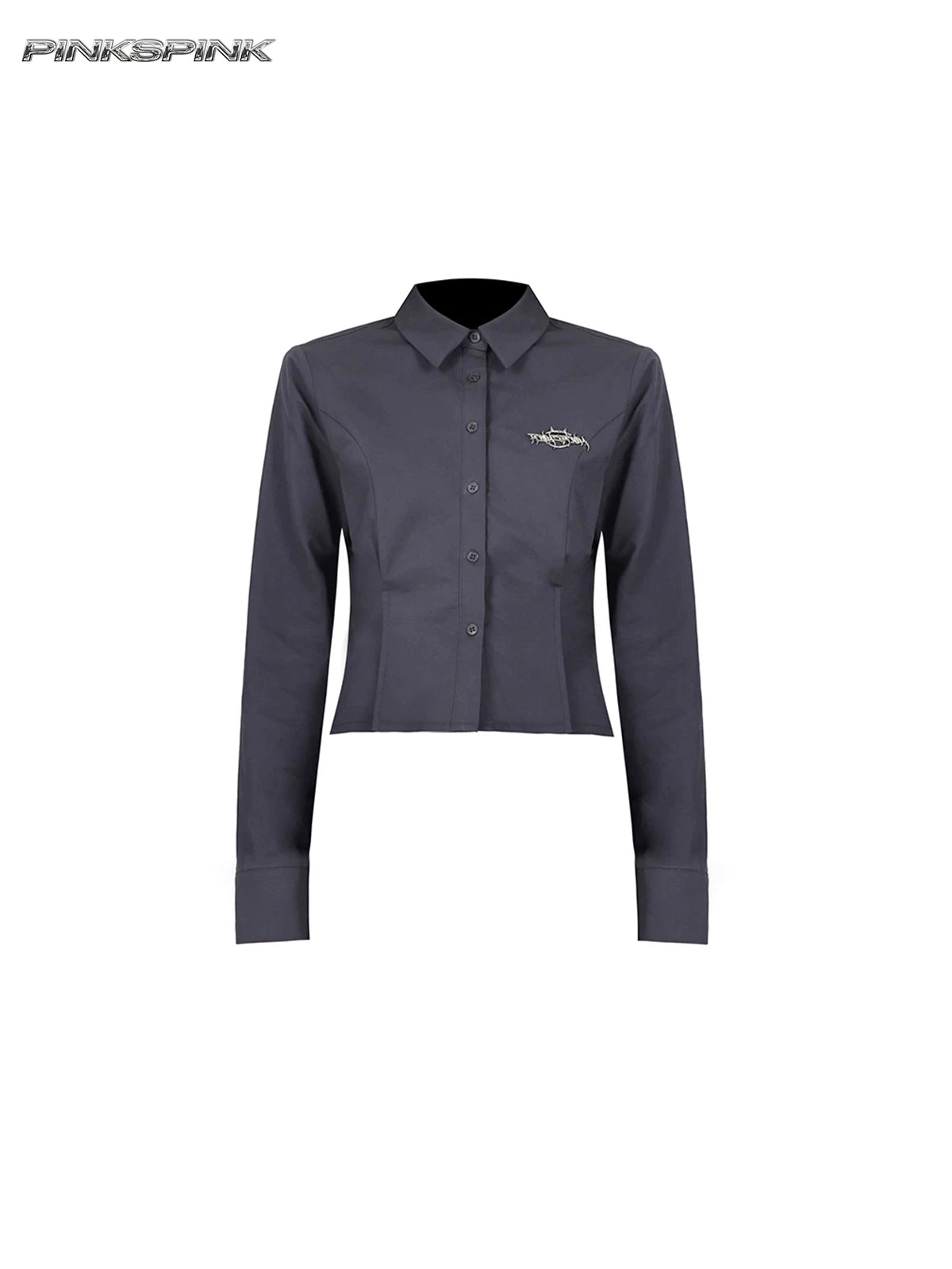 PINKSPINK ELECTRIC MOON sculpted cropped cotton shirt in gray — garment-only front view showing the collar and shaped seams