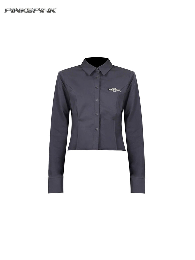 PINKSPINK ELECTRIC MOON sculpted cropped cotton shirt in gray — garment-only front view showing the collar and shaped seams
