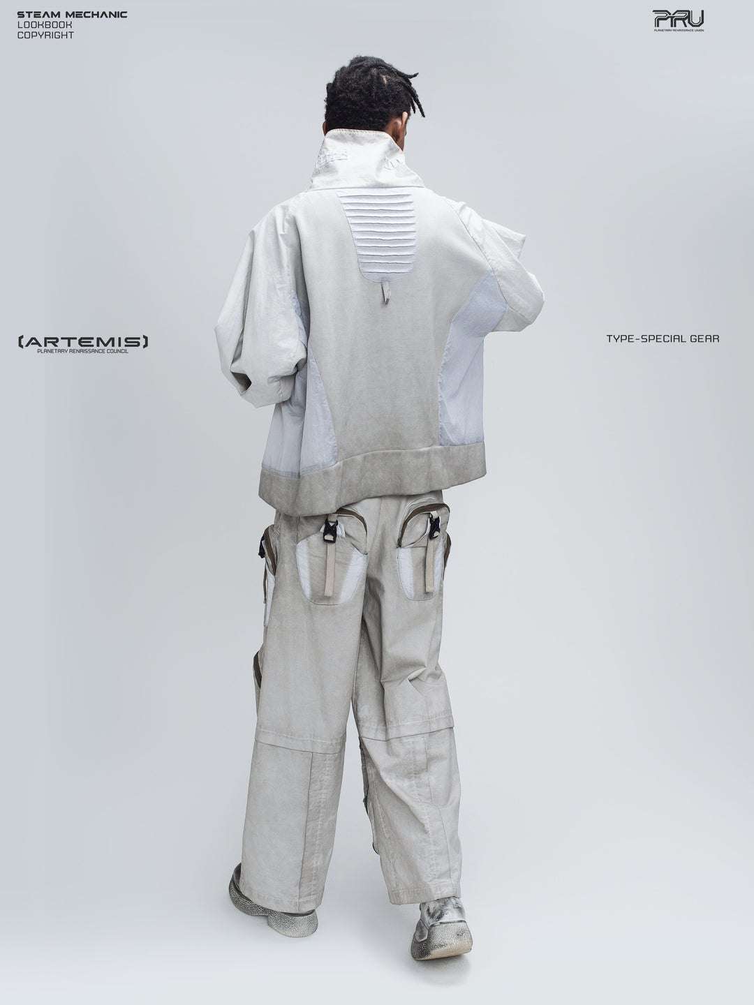 PIONEER eris white welded multi-pocket work pants — full-length rear modeled view showing the back pockets, curved seams and wide legs