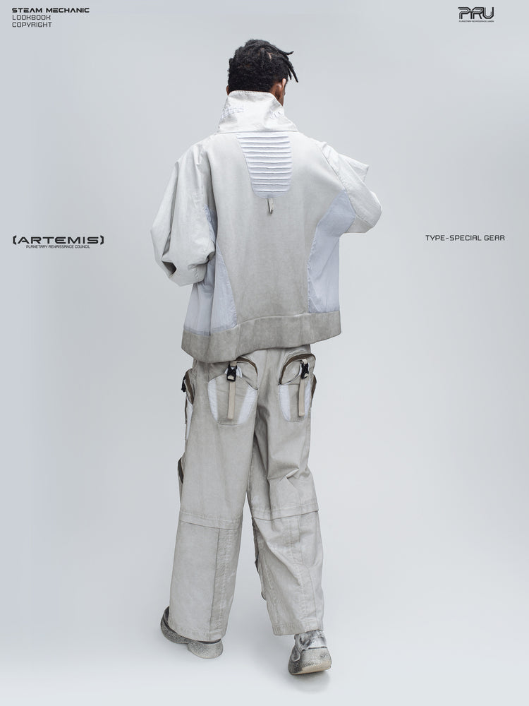 PIONEER eris white welded multi-pocket work pants — full-length rear modeled view showing the back pockets, curved seams and wide legs