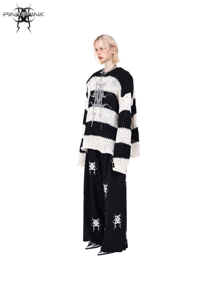 PINKSPINK MIRROR striped open-knit padded-shoulder sweater in black white stripes — side full-length modeled view without the matching balaclava