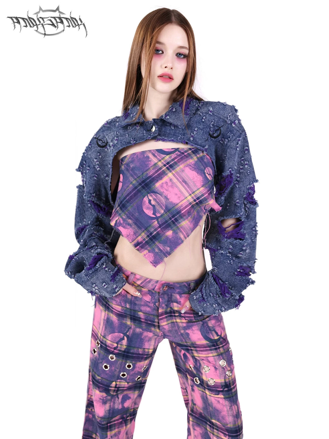 PINKSPINK BROKEN VIOLET distressed denim cropped jacket — cleaned hero collage showing the complete design