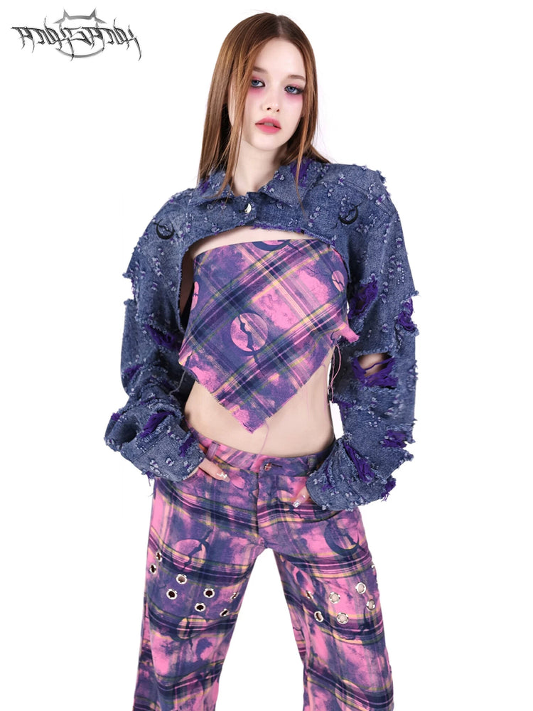 PINKSPINK BROKEN VIOLET distressed denim cropped jacket — cleaned hero collage showing the complete design