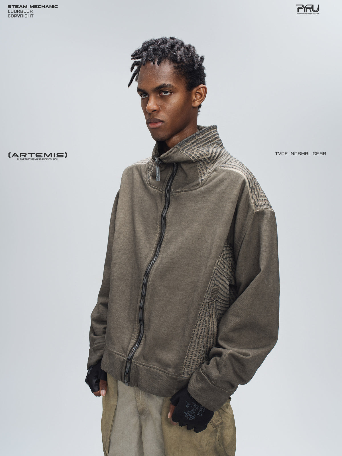 PIONEER mercury brown distressed protection zip jacket — side modeled view