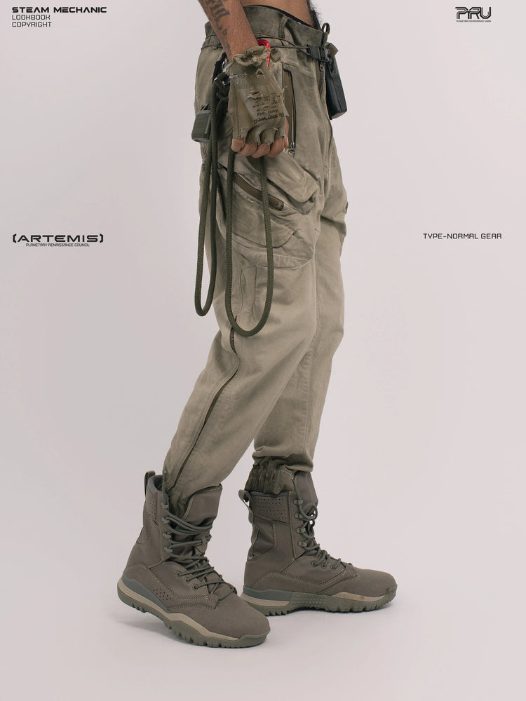AEGIS lunar soil teal multi-pocket moto pants — side modeled view