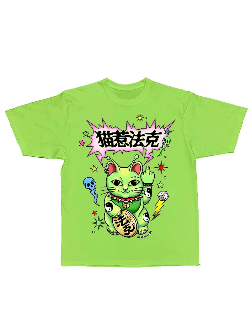 DEADENDKIDS LUCKY ALIEN CAT oversized graphic tee — close modeled view