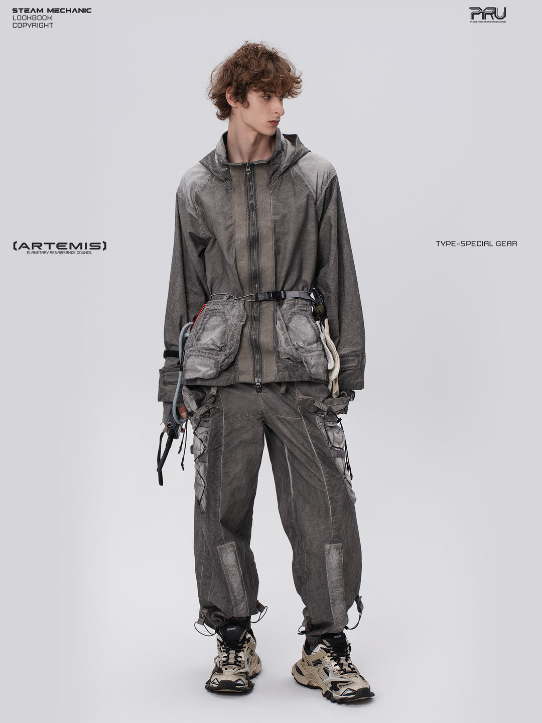STARCORE meteor gray distressed work jacket — full-length front view looking to the side