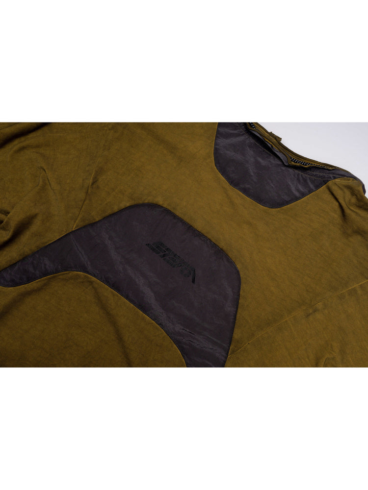 PIONEER mars yellow drawstring commuter sweatshirt — close-up of the back contrast panel with STEAM brand print