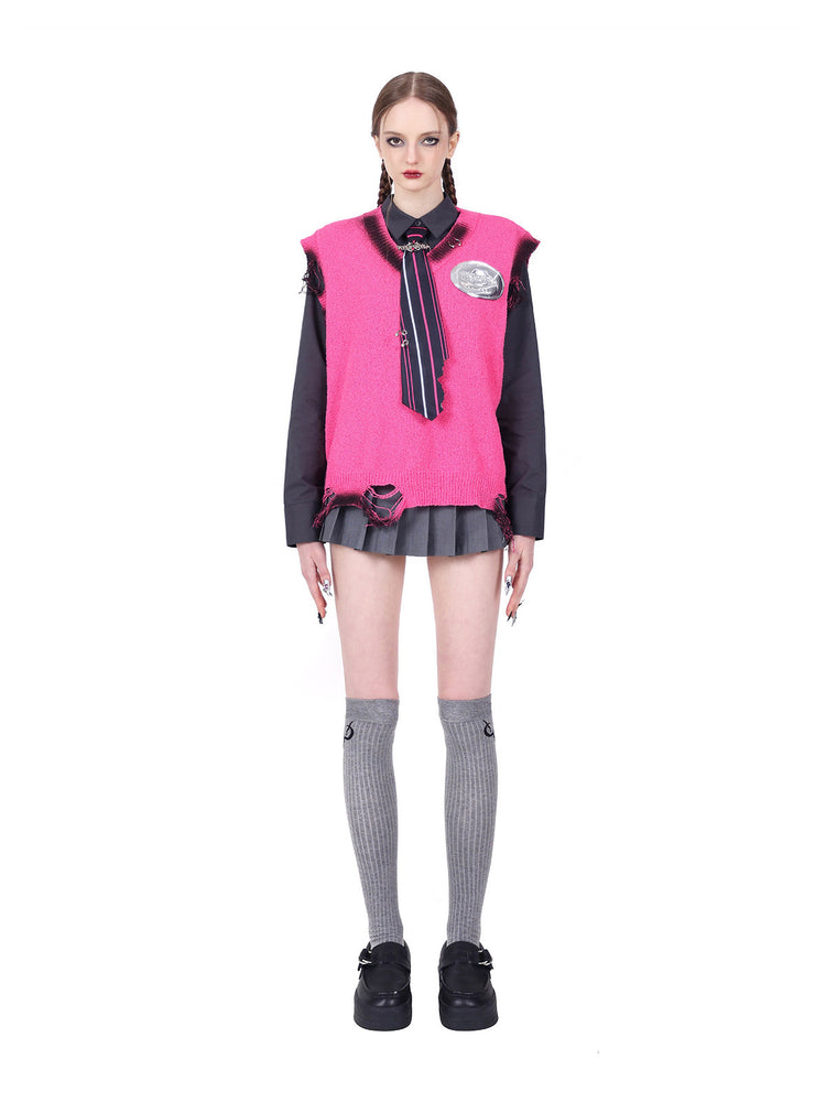 PINKSPINK ELECTRIC MOON sculpted cropped cotton shirt in gray — alternate front outfit pose with a separate pink knit vest
