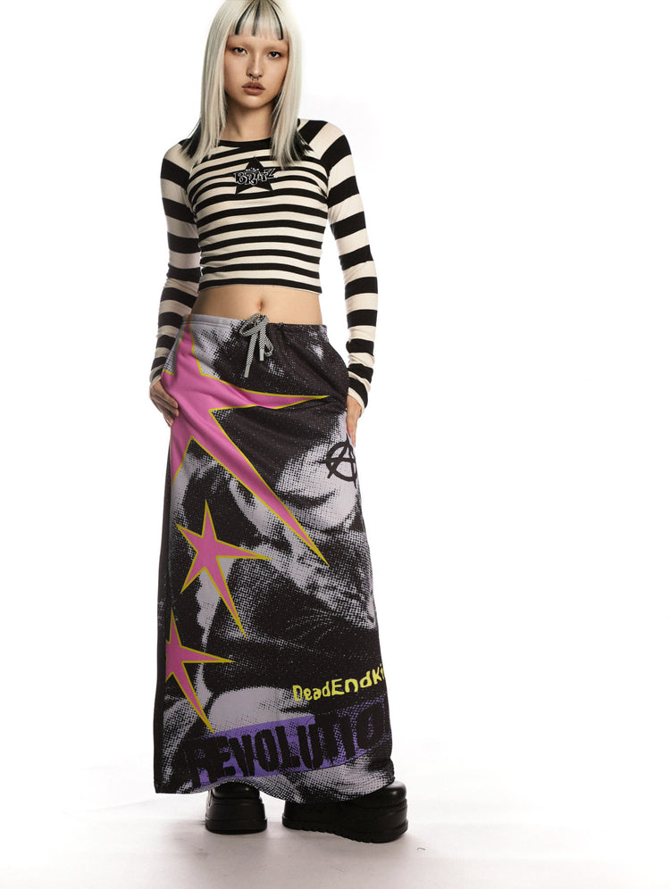 DEADENDKIDS PUNK RIOT printed sweatshirt maxi skirt — full-length modeled view