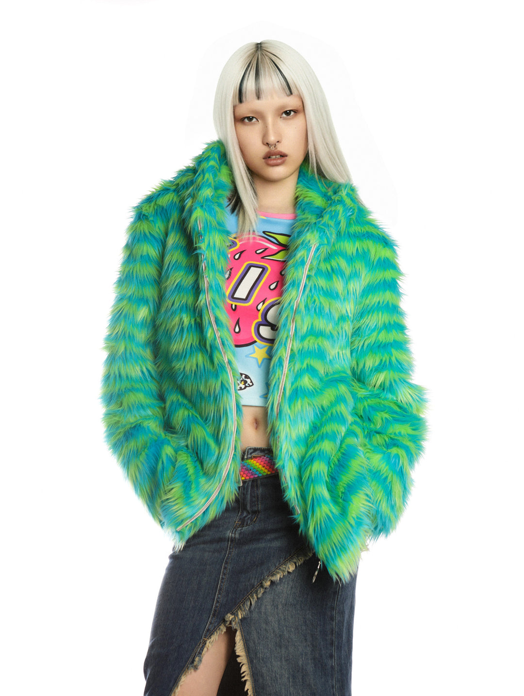 DEADENDKIDS RAVE STRIPE faux-fur hooded jacket — rear modeled view