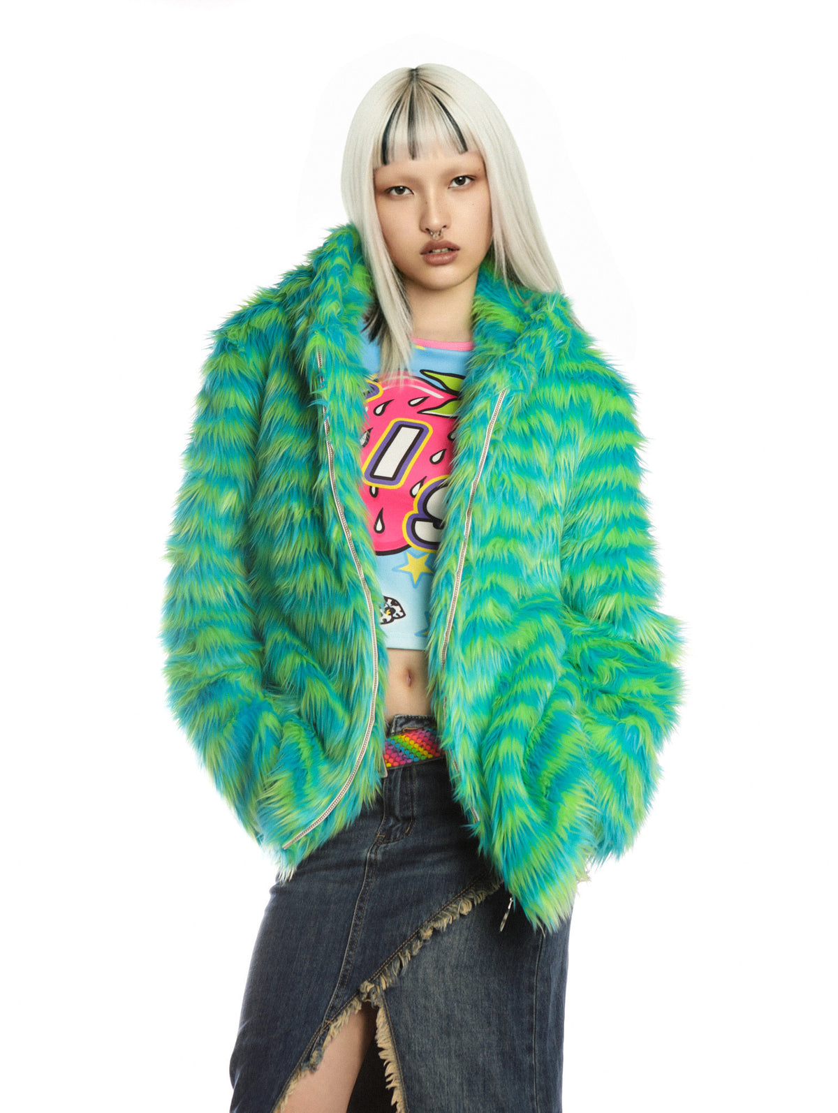 DEADENDKIDS RAVE STRIPE faux-fur hooded jacket — rear modeled view