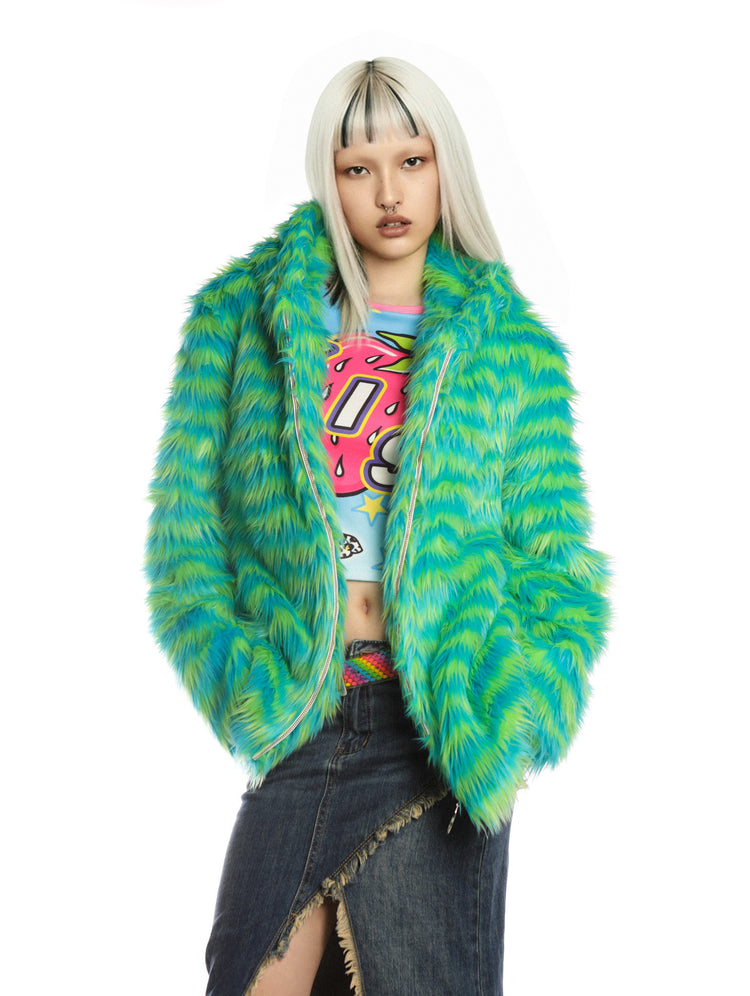 DEADENDKIDS RAVE STRIPE faux-fur hooded jacket — rear modeled view