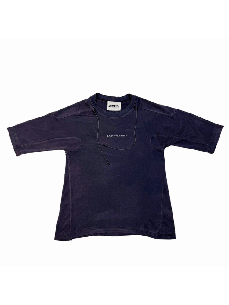 LIGHTSHADOW spirit deconstructed technical tee — purple front flat-lay showing curved panels and drawcords