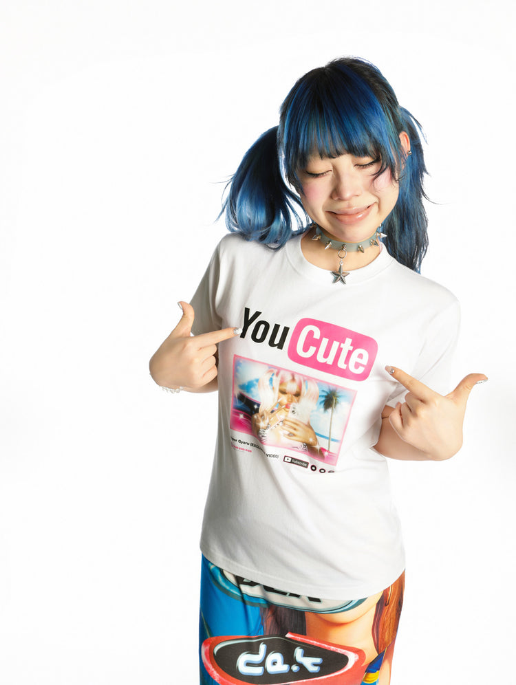 DEADENDKIDS YOUCUTE fitted graphic tee — close modeled view