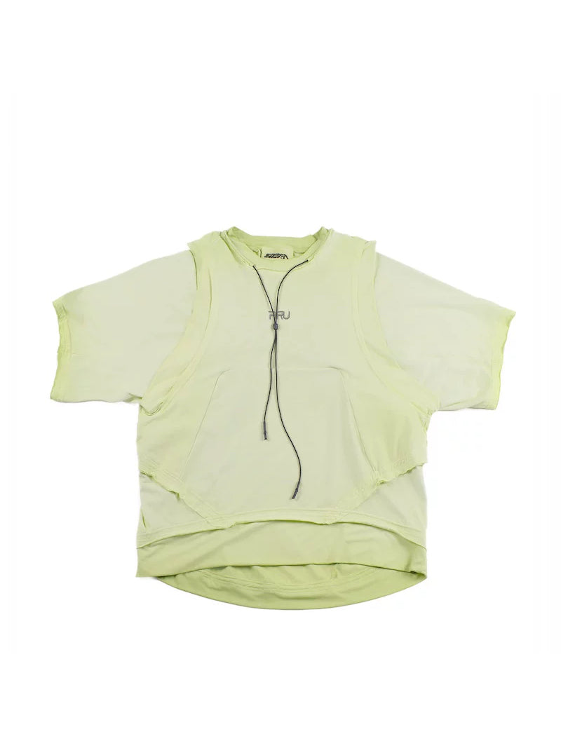 SUPERNOVA nebula green convertible drawstring technical tee — nebula green front flat-lay with sleeves extended, neck drawcord and layered hem
