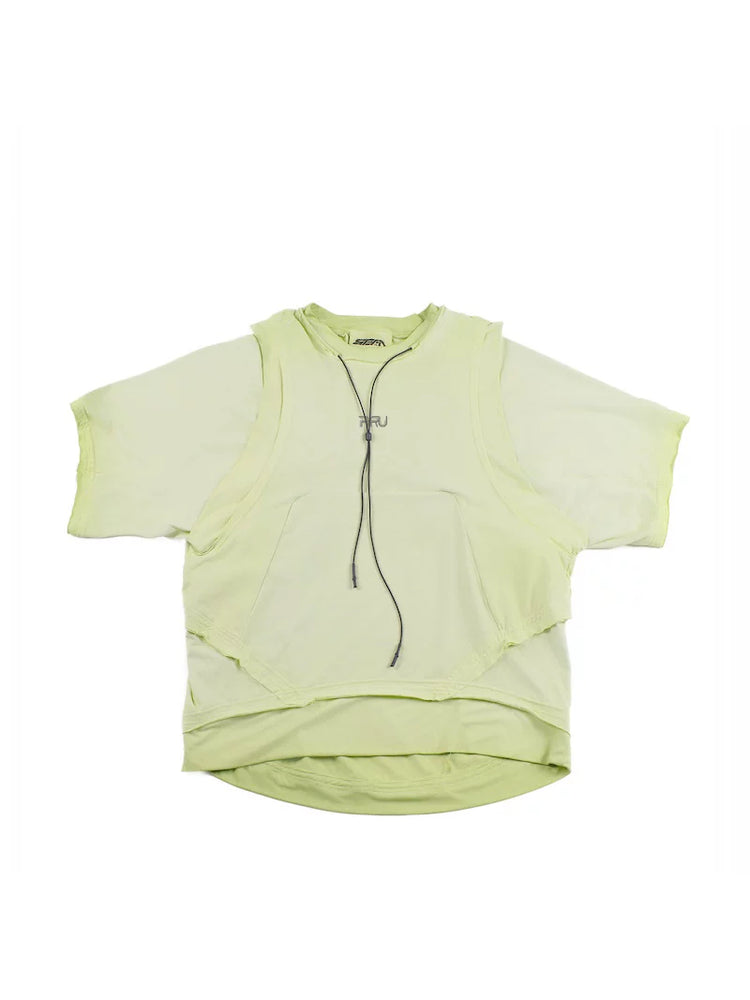 SUPERNOVA nebula green convertible drawstring technical tee — nebula green front flat-lay with sleeves extended, neck drawcord and layered hem