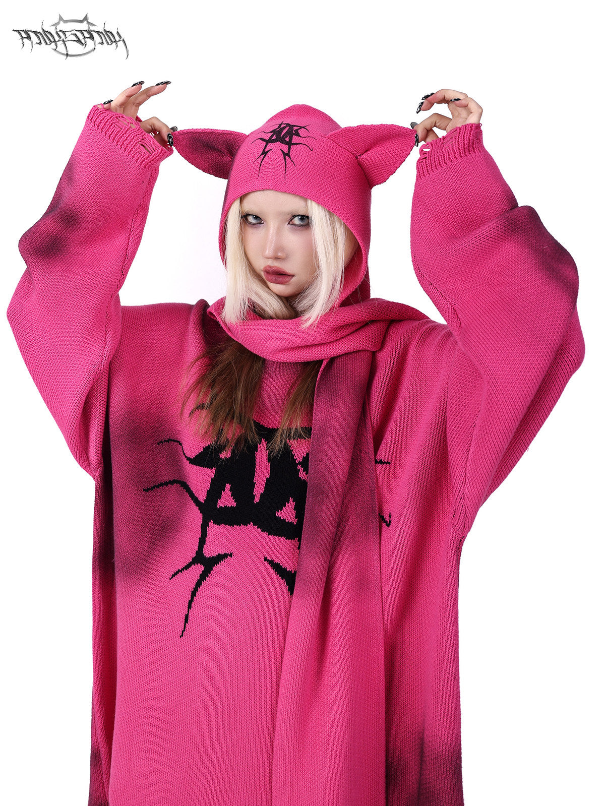PINKSPINK SPHYNX cat-ear hooded scarf — full-length modeled styling view