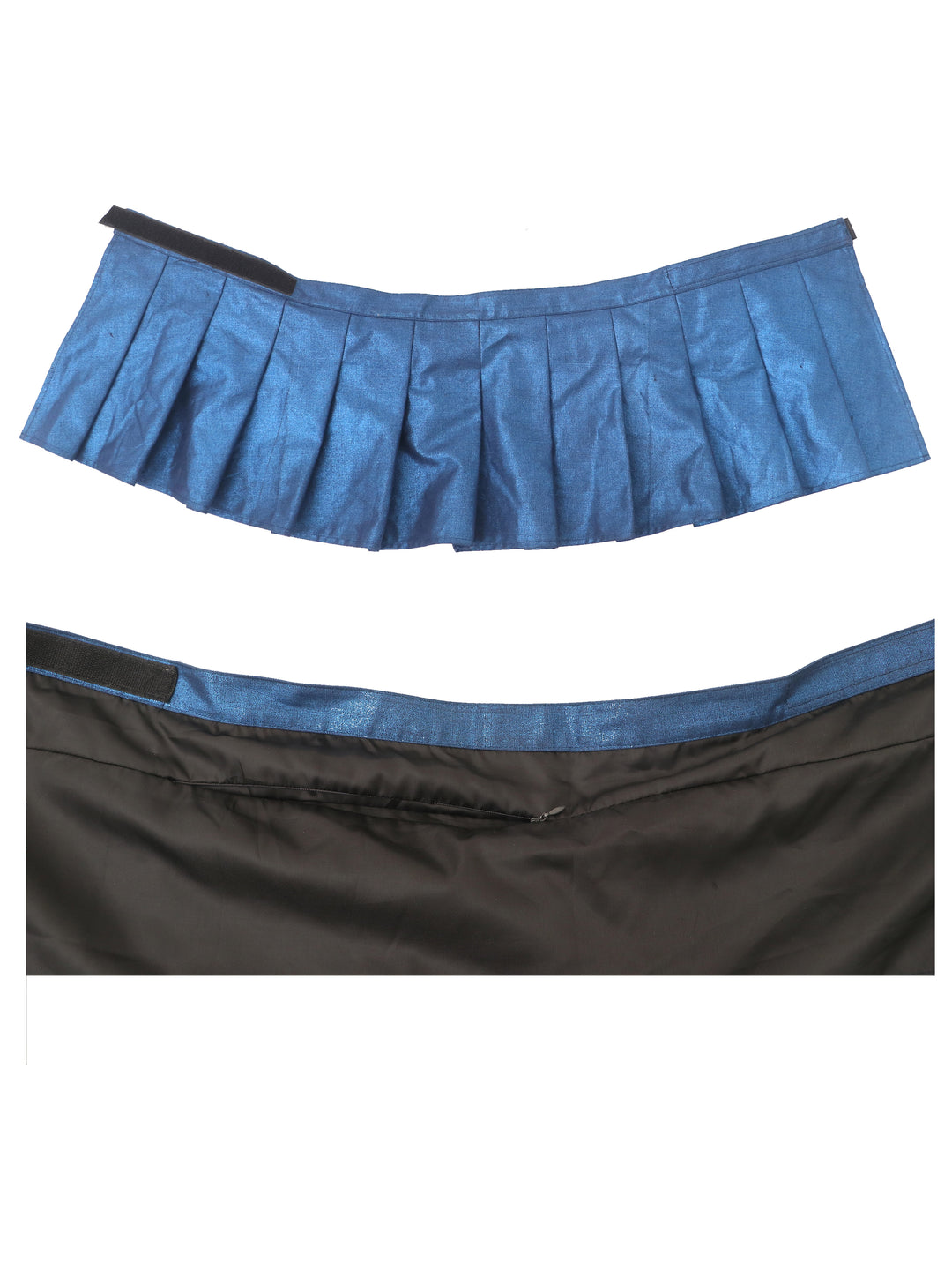EMBRYO STARSHIFT coated bikini separates in blue — skirt laid open showing the hook-and-loop waistband and black lining