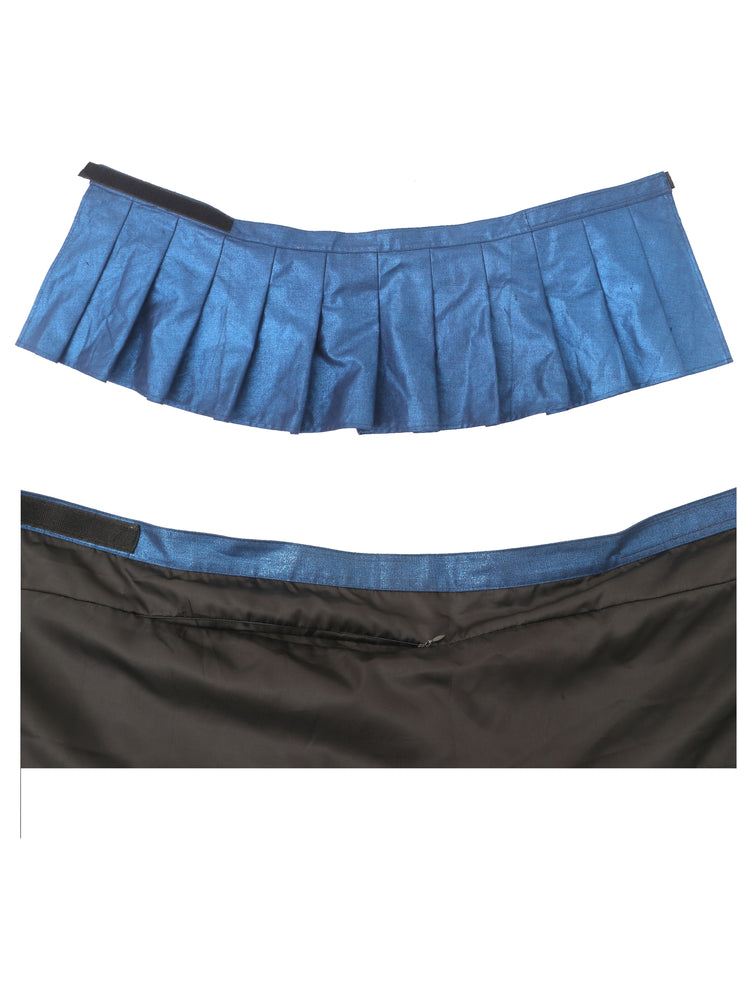 EMBRYO STARSHIFT coated bikini separates in blue — skirt laid open showing the hook-and-loop waistband and black lining