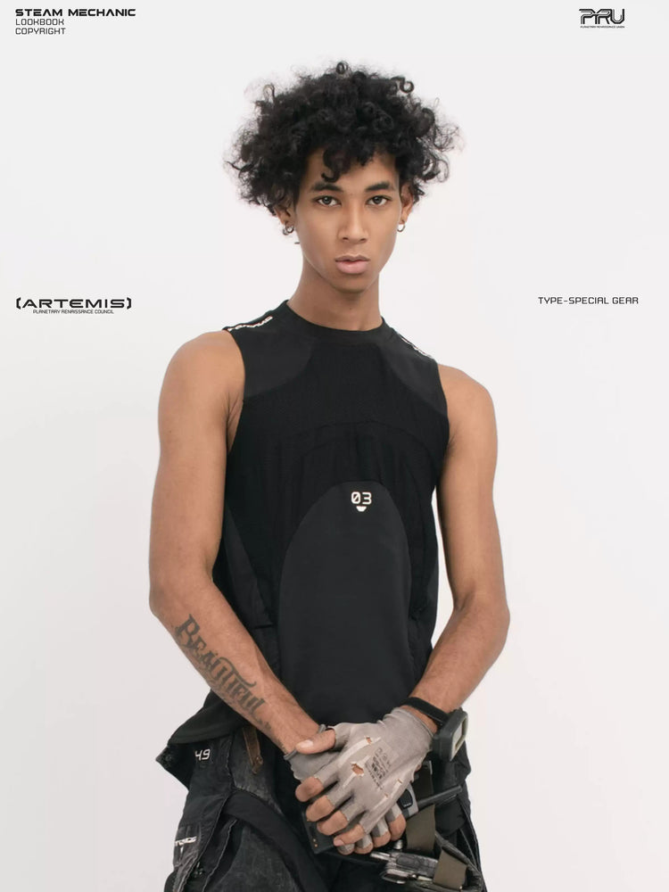 AEGIS blackbird black distressed mesh tank — front three-quarter modeled view with clasped hands