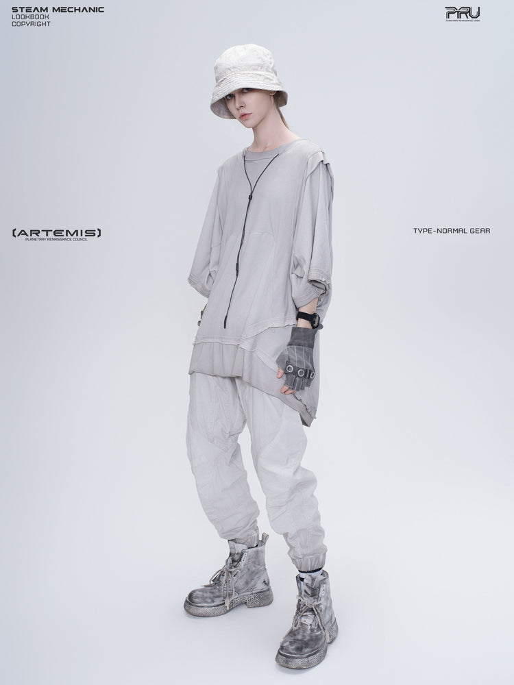 PIONEER eris white distressed nylon bucket hat — full-length three-quarter modeled view