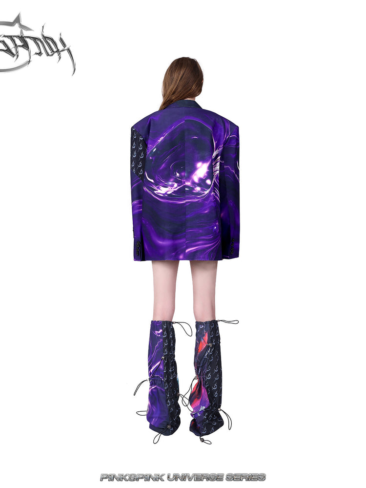 PINKSPINK COSMOS drawcord patchwork leg warmers in black purple multicolor — rear modeled view styled with a purple blazer