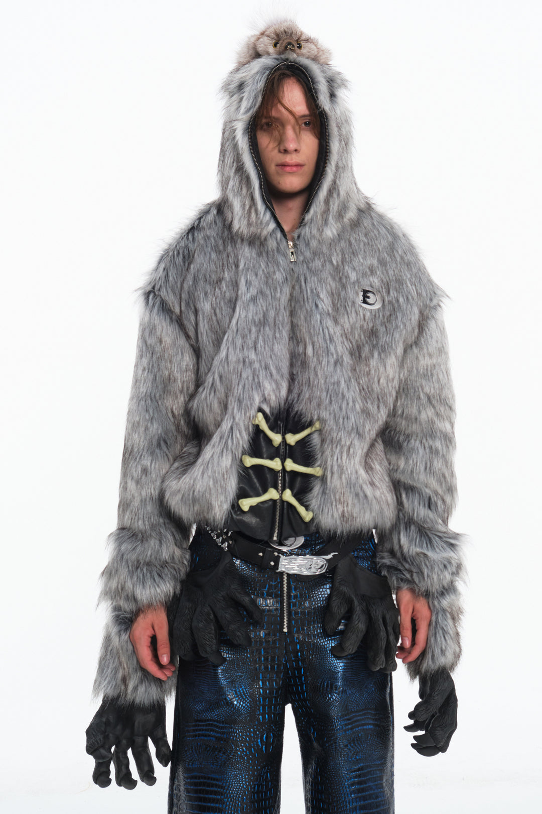EMBRYO ANIMAL SHELL hooded faux-fur jacket — material and hardware detail