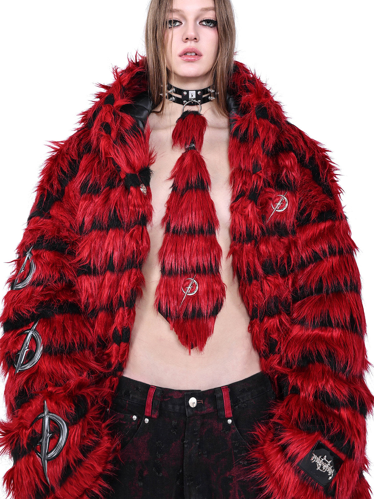 PINKSPINK ELECTRIC MOON black-red faux-fur hooded long coat — red and black close modeled front view showing the faux-fur texture and neck tie