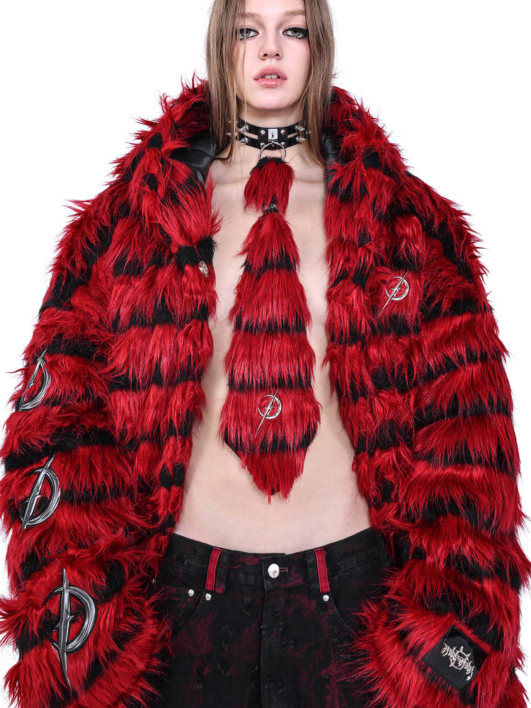 PINKSPINK ELECTRIC MOON black-red faux-fur hooded long coat — red and black close modeled front view showing the faux-fur texture and neck tie