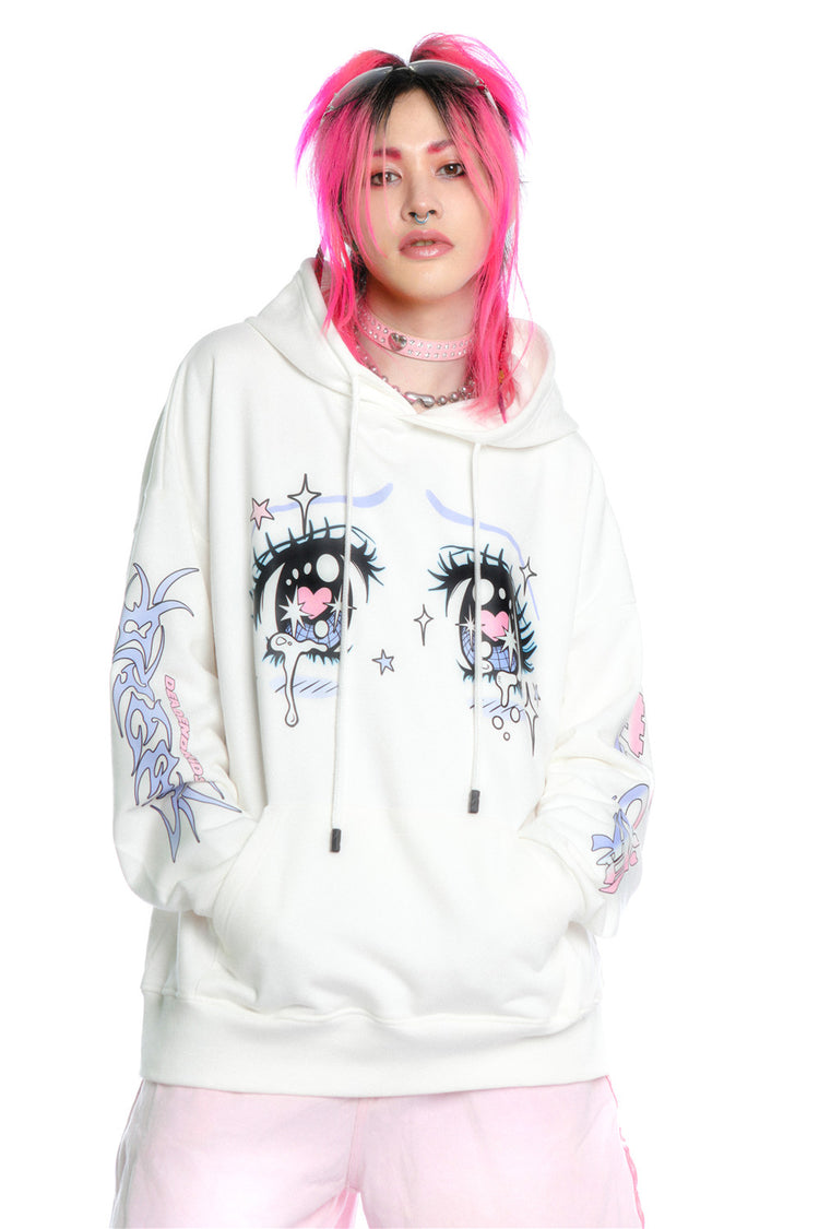 DEADENDKIDS ANIME TEARS oversized graphic hoodie — close modeled view
