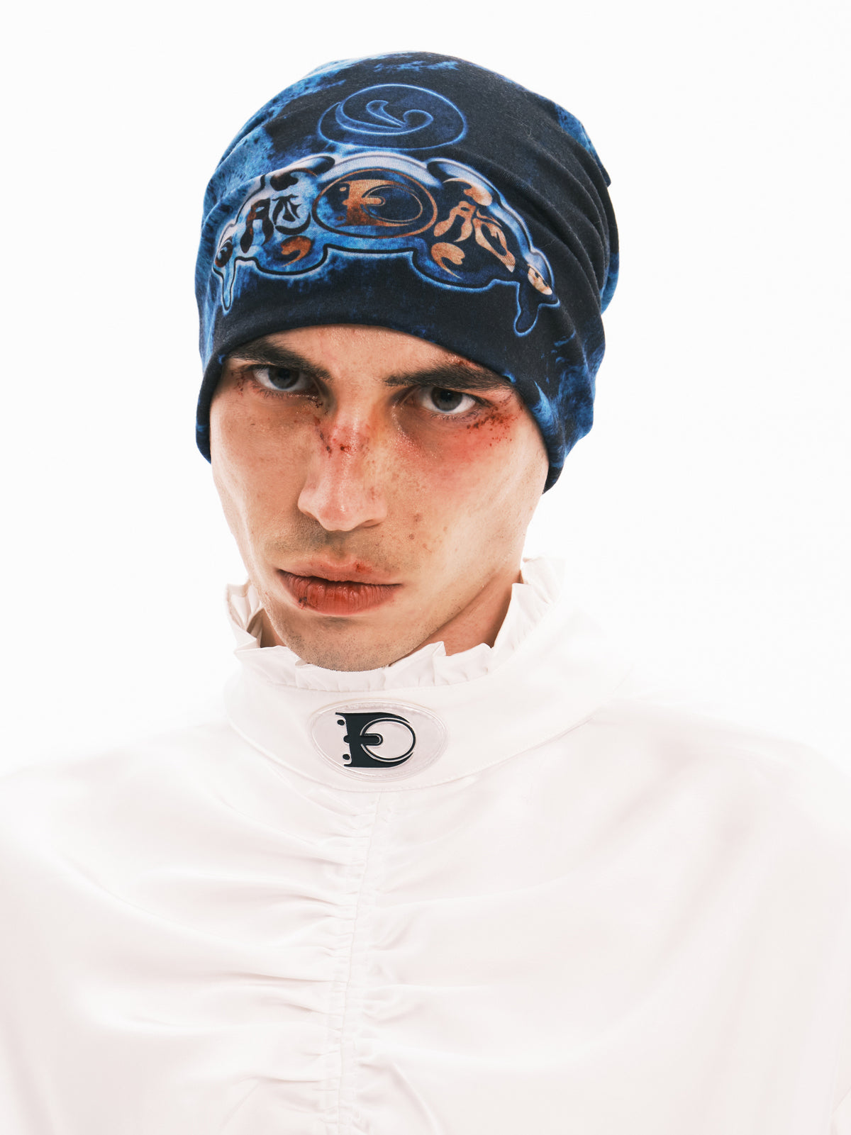 EMBRYO ANCIENT CODE graphic slouch beanie — material and hardware detail