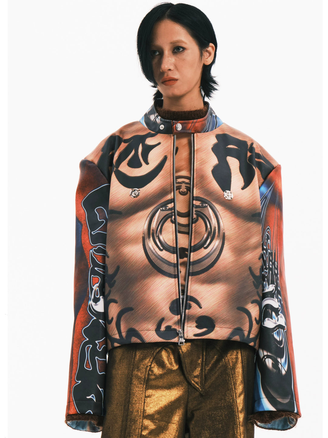 EMBRYO POWER TOTEM muscle-print PU leather jacket — front modeled view