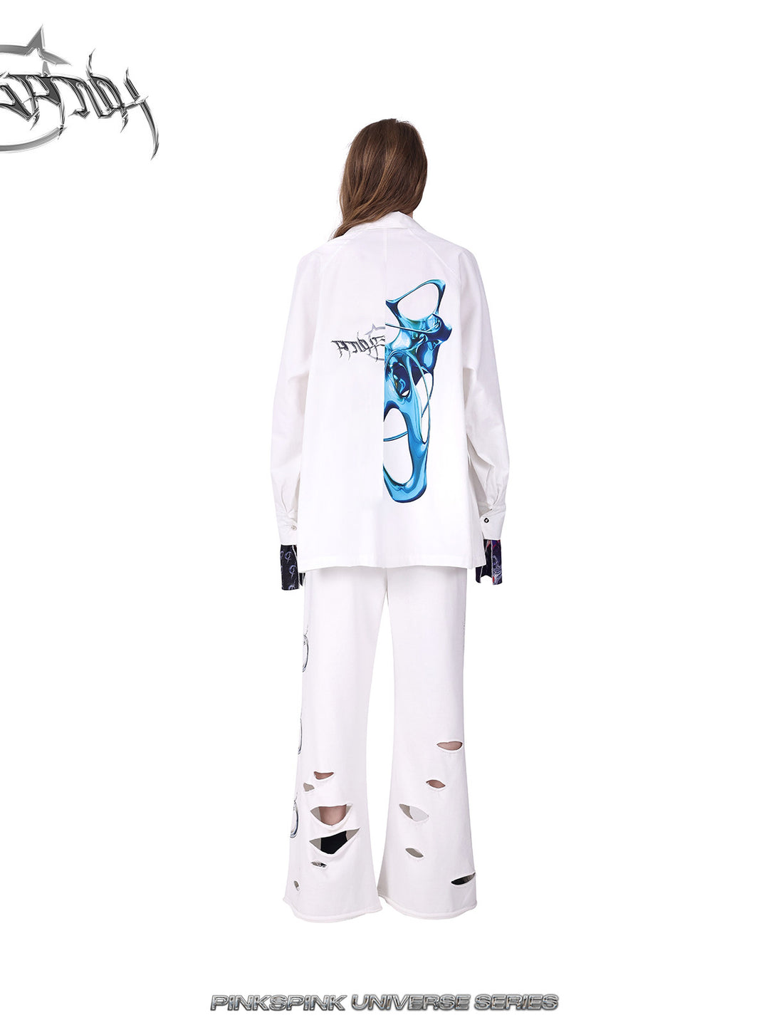 PINKSPINK COSMOS zip-panel white trench coat in white — rear full-length modeled view with white pants