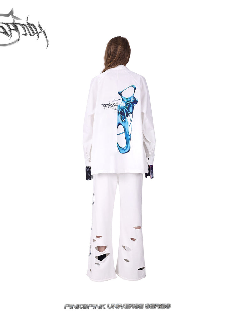 PINKSPINK COSMOS zip-panel white trench coat in white — rear full-length modeled view with white pants