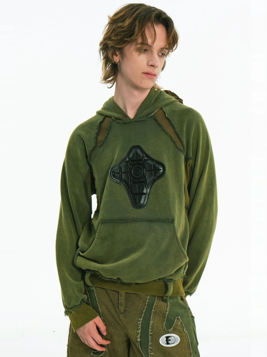 EMBRYO GREEN GUARD distressed armor hoodie — front product presentation