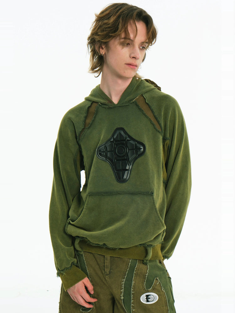EMBRYO GREEN GUARD distressed armor hoodie — front product presentation
