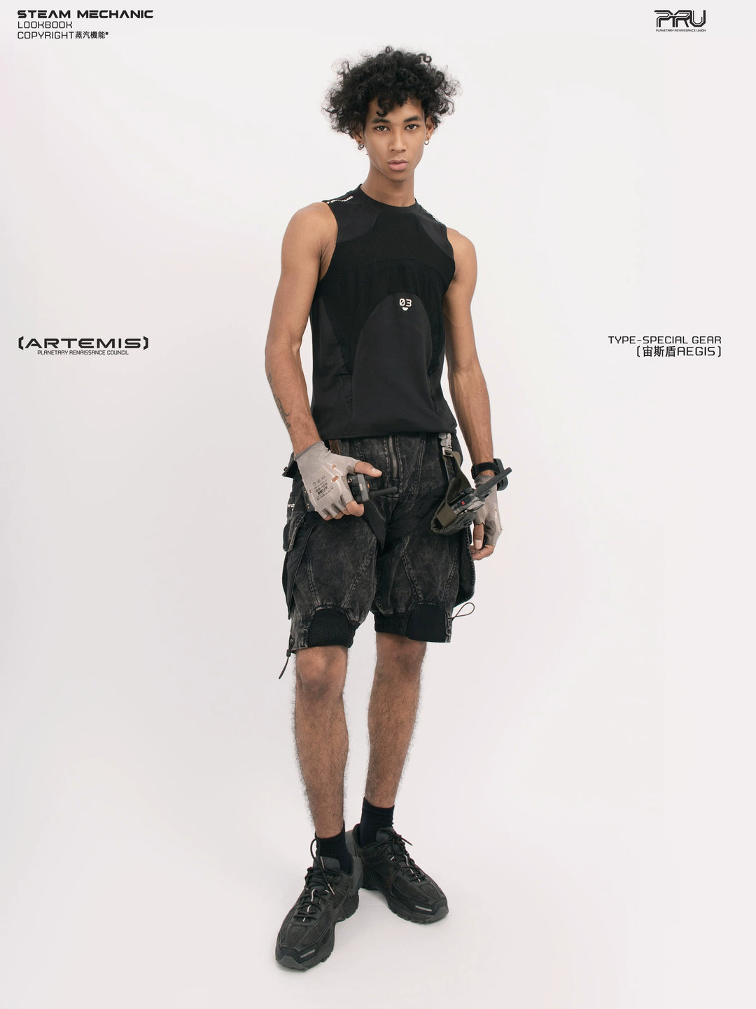 AEGIS blackbird black distressed mesh tank — front modeled product view