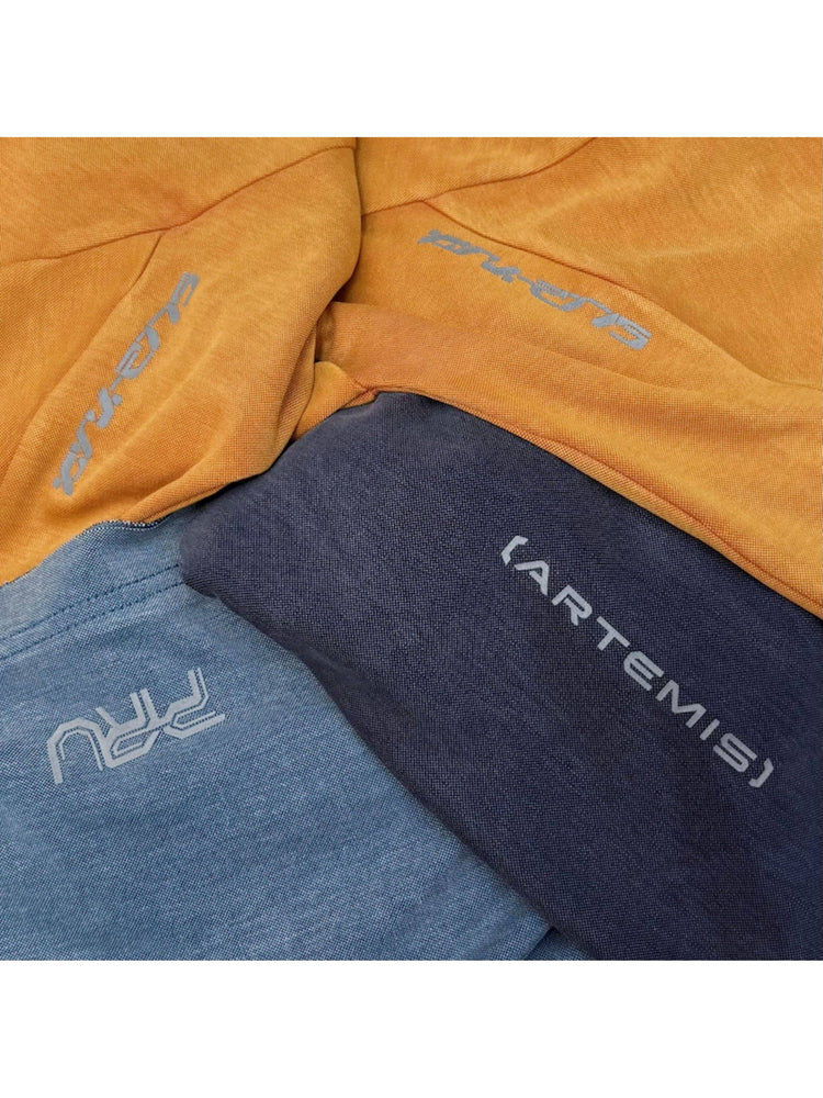 LIGHTSHADOW eclipse orange deconstructed technical tee — family fabric and reflective-logo detail in orange, purple and blue