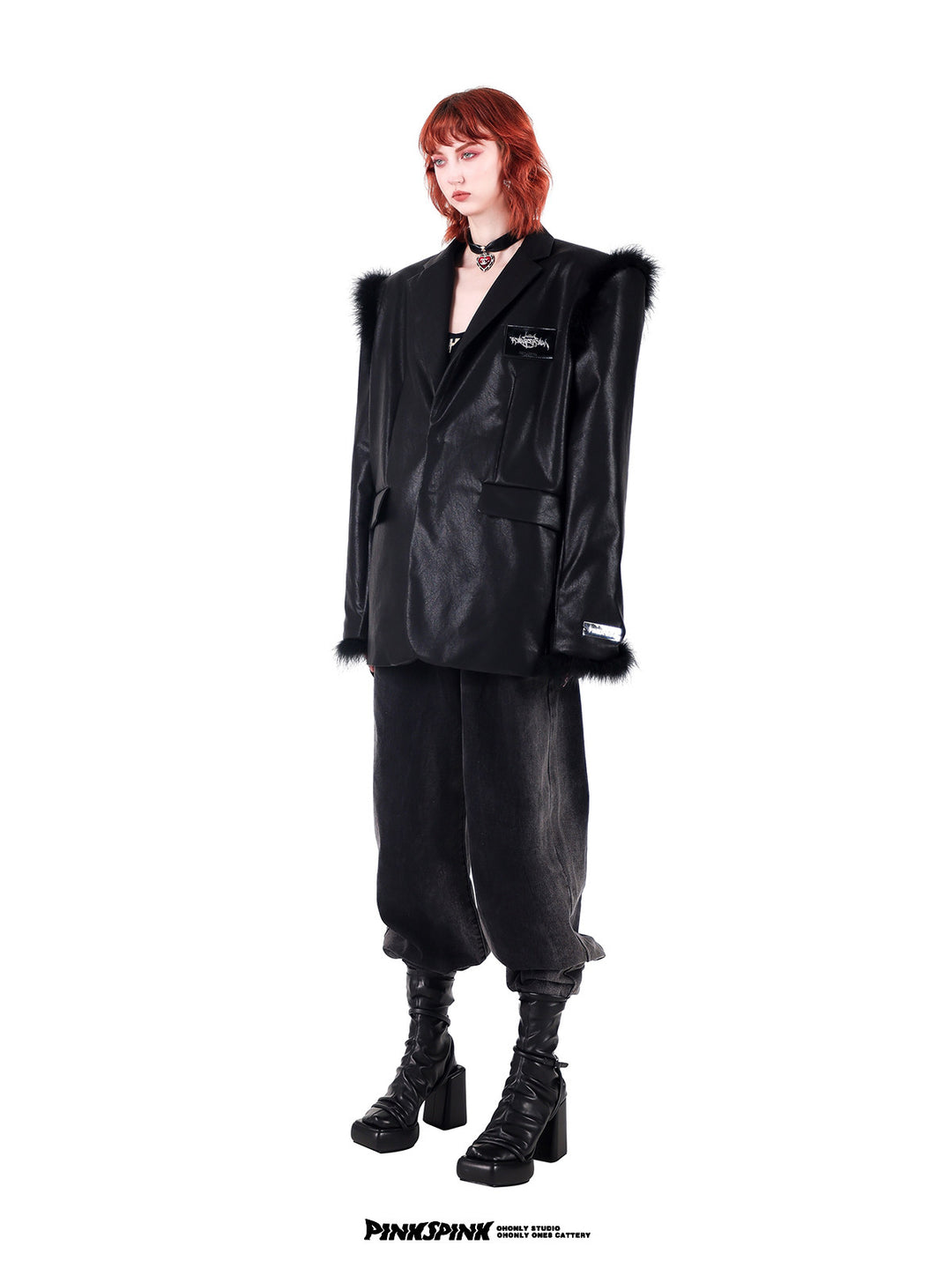 PINKSPINK OSTRICH plume-trim padded-shoulder blazer — modeled detail view of the garment construction