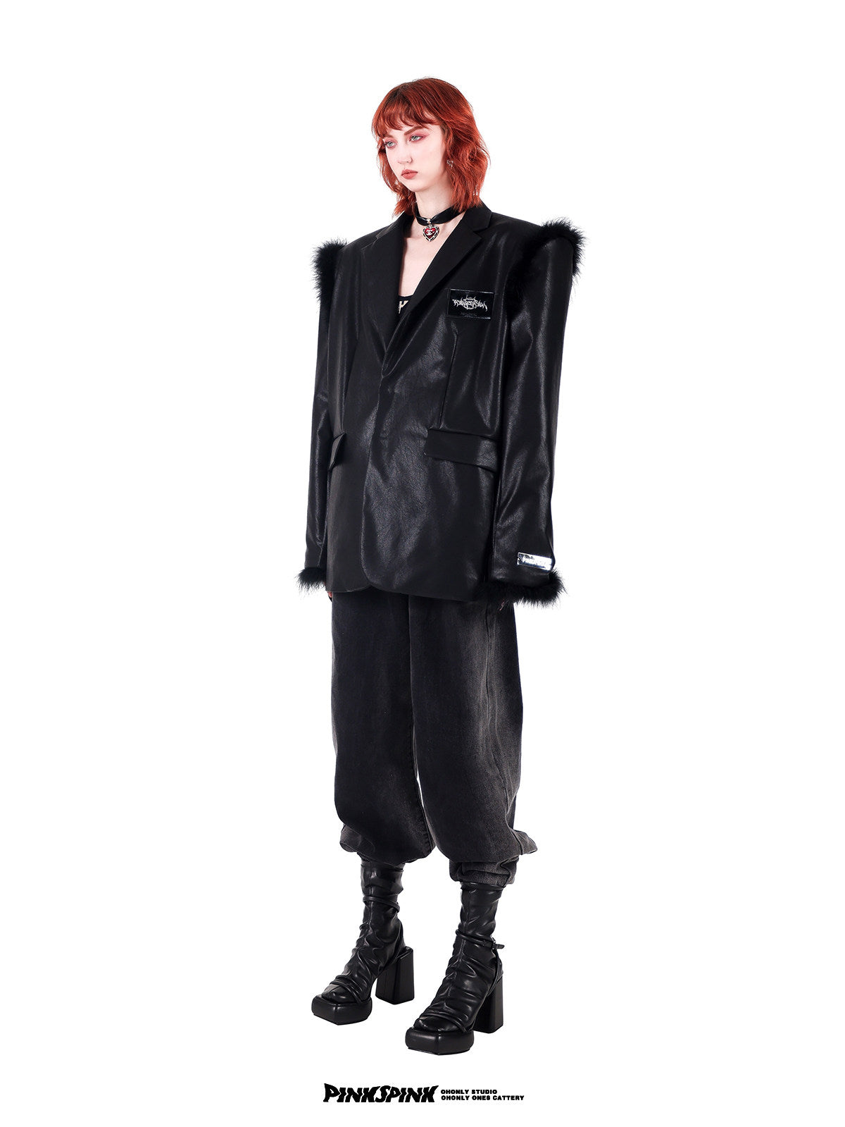 PINKSPINK OSTRICH plume-trim padded-shoulder blazer — modeled detail view of the garment construction