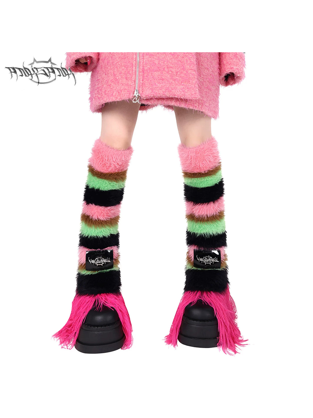 PINKSPINK FUTURE COLOR striped knit leg warmers — cleaned hero collage showing the complete design