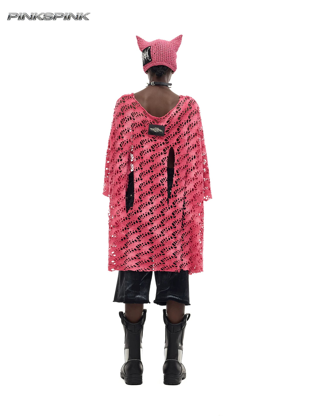 PINKSPINK ELECTRIC MOON distressed open-knit oversized tee in pink — full-length back modeled view showing the loose long silhouette