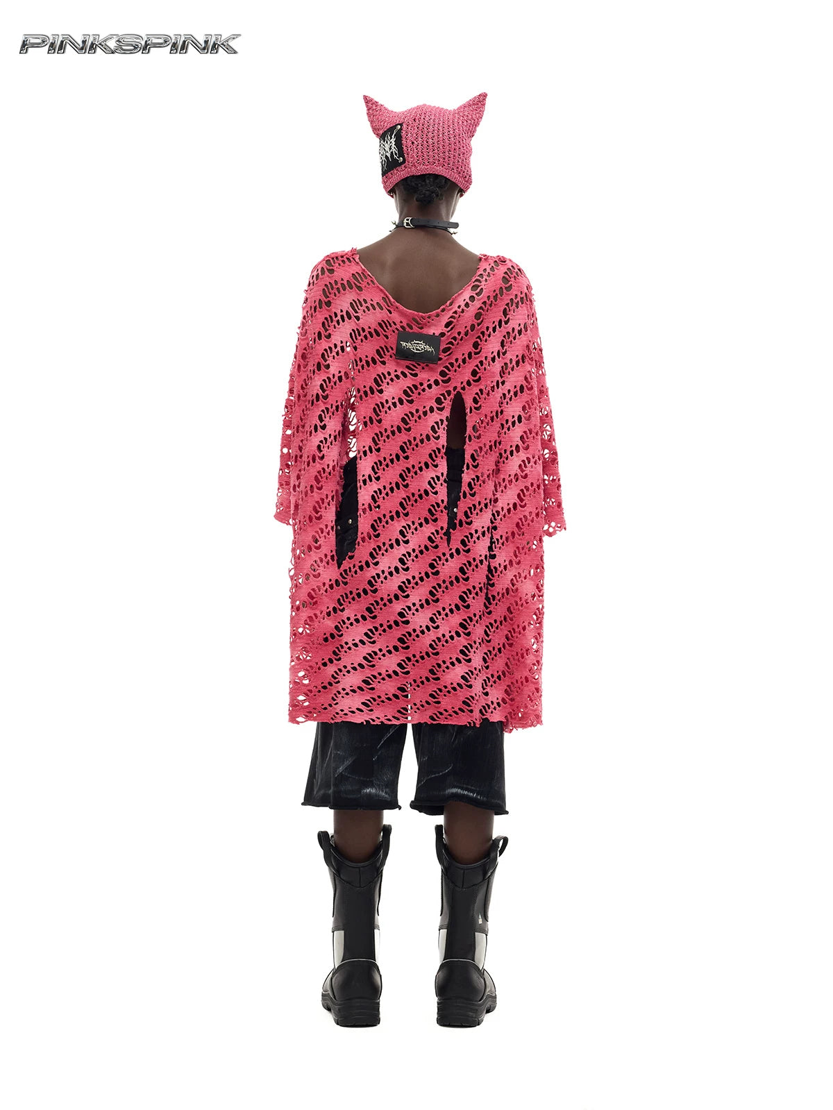 PINKSPINK ELECTRIC MOON distressed open-knit oversized tee in pink — full-length back modeled view showing the loose long silhouette