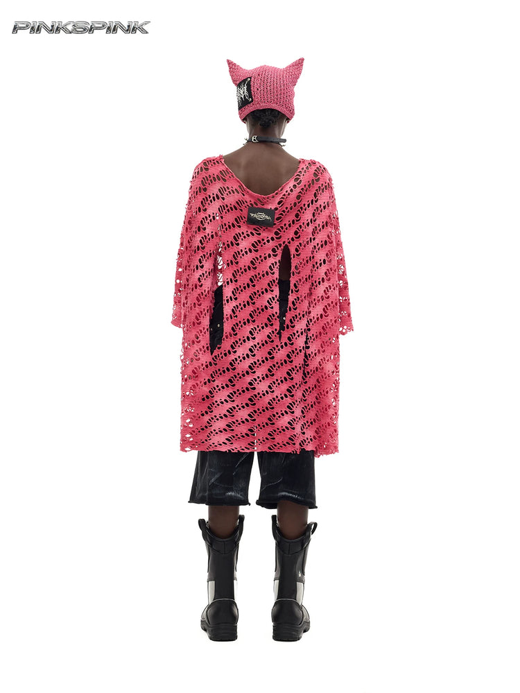 PINKSPINK ELECTRIC MOON distressed open-knit oversized tee in pink — full-length back modeled view showing the loose long silhouette