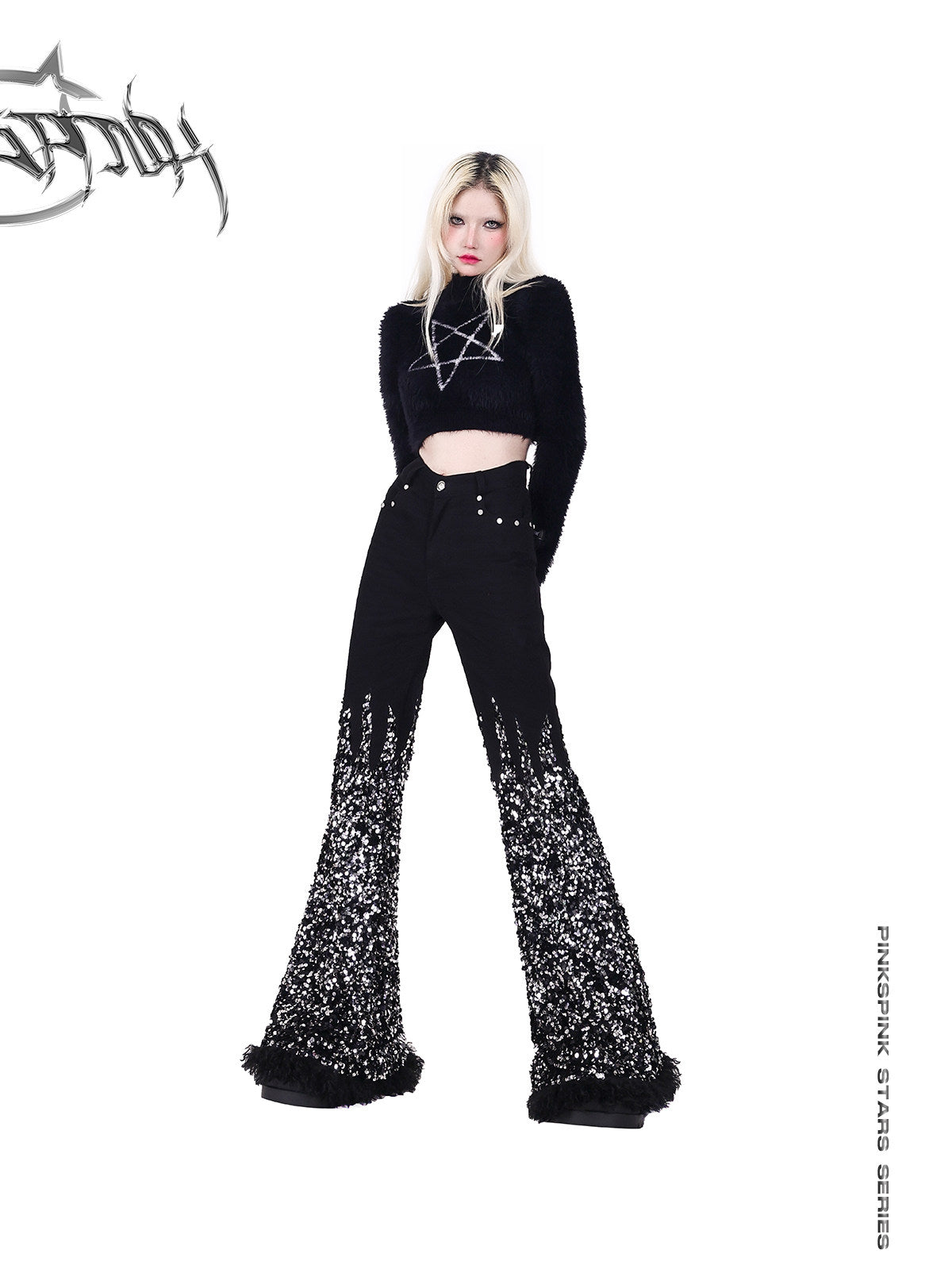 PINKSPINK PENTAGRAM knit crop top / mini skirt — modeled detail view of the garment construction