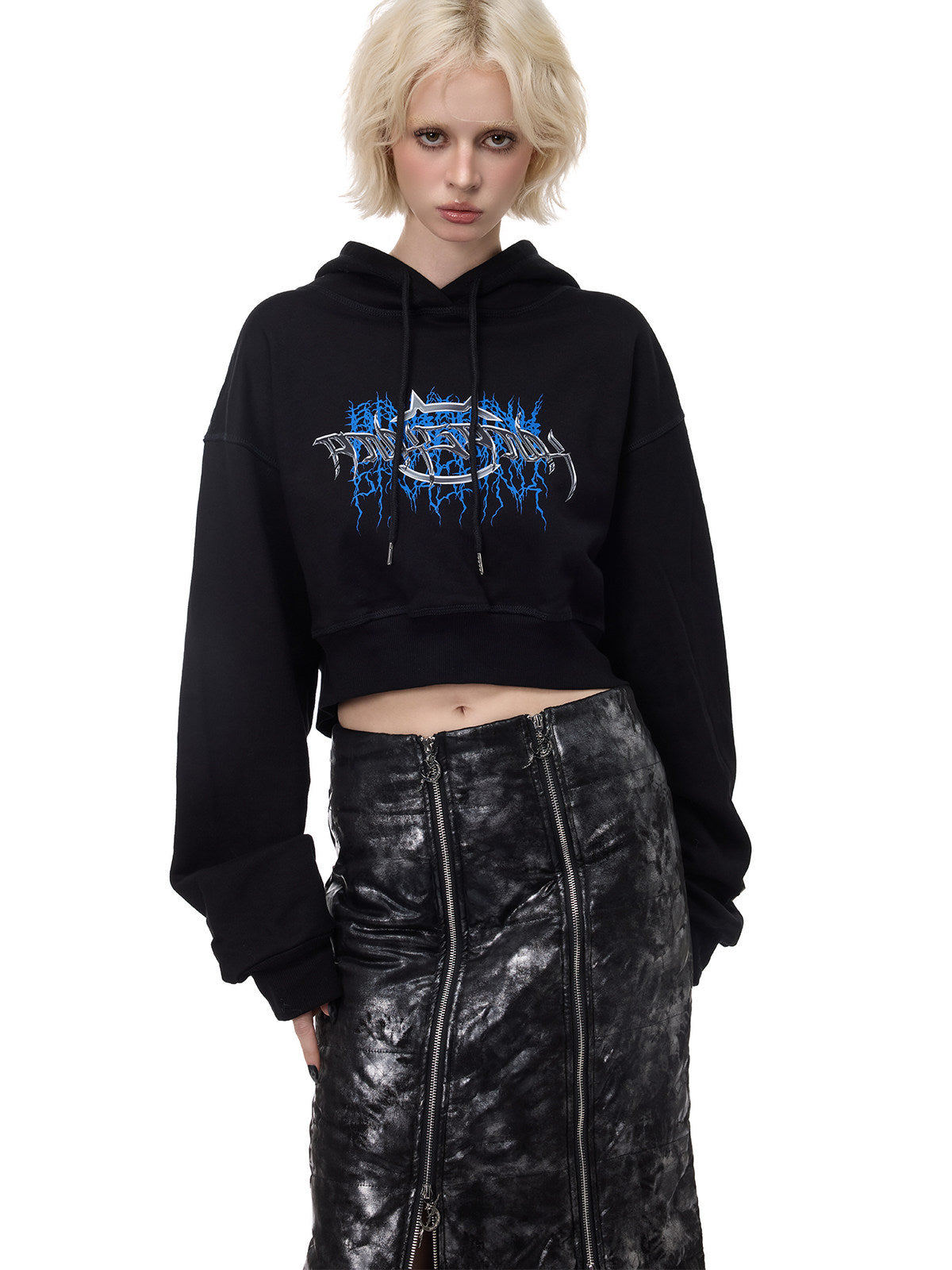 PINKSPINK THORN SIGNAL open-back cropped hoodie — black front modeled detail of graphic and cropped hem